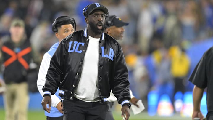 Nov 8, 2024; Pasadena, California, USA;  UCLA Bruins head coach DeShaun Foster on the sidelines during the second half against the the Iowa Hawkeyes at the Rose Bowl. Mandatory Credit: Jayne Kamin-Oncea-Imagn Images