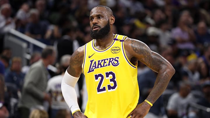 Mar 24, 2025; Orlando, Florida, USA: Los Angeles Lakers forward LeBron James (23) looks on against the Orlando Magic in the second quarter at Kia Center. Mandatory Credit: Nathan Ray Seebeck-Imagn Images