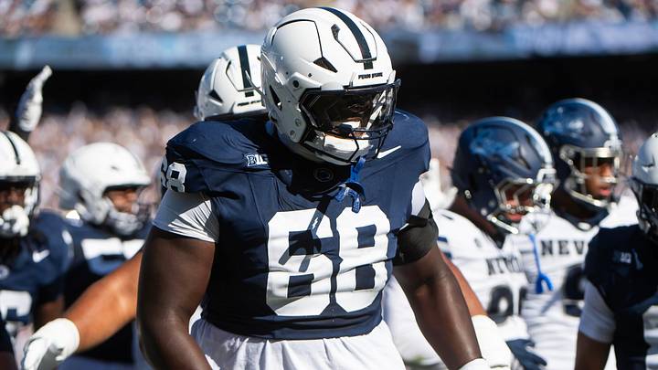 Penn State offensive lineman Anthony Donkoh (68) in the first half of an NCAA football game against Nevada, Saturday, August 30, 2025, in State College, Pa. Penn State offensive lineman Anthony Donkoh (68) in the first half of an NCAA football game against Nevada, Saturday, August 30, 2025, in State College, Pa.