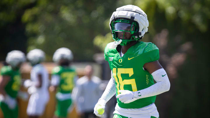 Oregon defensive back Rodrick Pleasant work out during the Ducks’ fall camp Tuesday, Aug. 6, 2024, at the Hatfield-Dowlin Complex in Eugene, Ore.