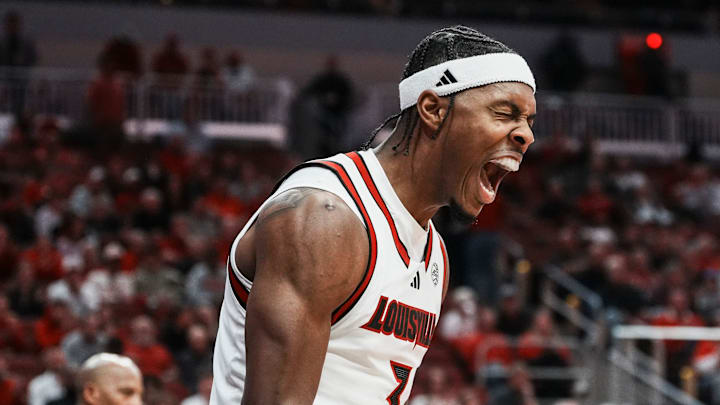 Louisville Cardinals guard Ryan Conwell (3) reacts after scoring two plus drawing the foul during the Cards' exhibition game against visiting Kansas at the KFC Yum! Center in Louisville, Kentucky Friday, October 24, 2025.