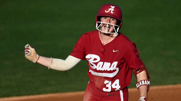 Feb 2, 2024; Tuscaloosa, Alabama, USA; Alabama hitter Marlie Giles rounds second after hitting a