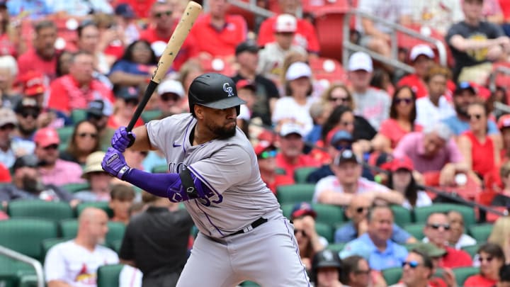 Jun 9, 2024; St. Louis, Missouri, USA; Colorado Rockies catcher Elias Diaz (35) at bat against the St. Louis Cardinals at Busch Stadium.