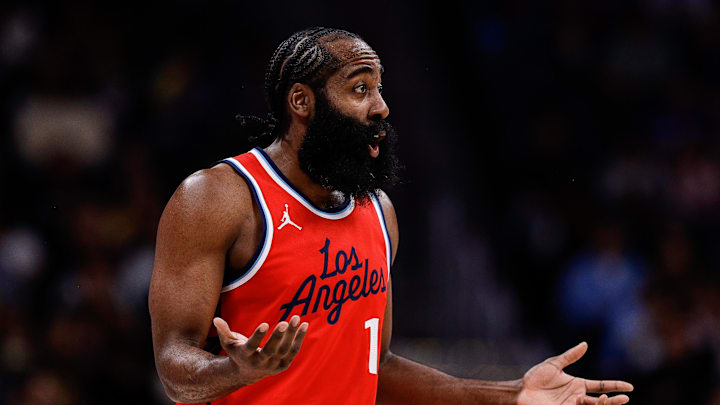 Dec 13, 2024; Denver, Colorado, USA; Los Angeles Clippers guard James Harden (1) reacts in the first quarter against the Denver Nuggets at Ball Arena.