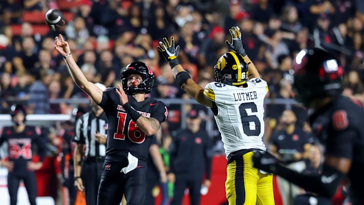 Rutgers quarterback Athan Kaliakmanis (16) aims deep downfield in the Scarlet Knights' Week 38-28 4 loss to the Iowa Hawkeyes. 