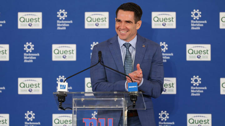 Jan 20, 2026; East Rutherford, NJ, USA; New York Giants general manager Joe Schoen introduces John Harbaugh (not pictured) as the next New York Giants head coach at Quest Diagnostics Training Center. Mandatory Credit: Ed Mulholland-Imagn Images