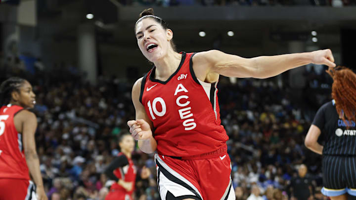 Aug 25, 2024; Chicago, Illinois, USA; Las Vegas Aces guard Kelsey Plum (10) reacts during the second half of basketball game against the Chicago Sky at Wintrust Arena. Mandatory Credit: Kamil Krzaczynski-Imagn Images