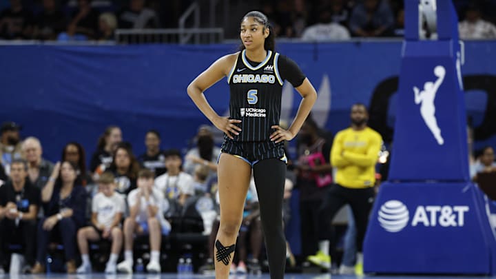 Aug 25, 2024; Chicago, Illinois, USA; Chicago Sky forward Angel Reese (5) looks on during the first half of a basketball game against the Las Vegas Aces at Wintrust Arena. Mandatory Credit: Kamil Krzaczynski-Imagn Images Aug 25, 2024; Chicago, Illinois, USA; Chicago Sky forward Angel Reese (5) looks on during the first half of a basketball game against the Las Vegas Aces at Wintrust Arena. Mandatory Credit: Kamil Krzaczynski-Imagn Images