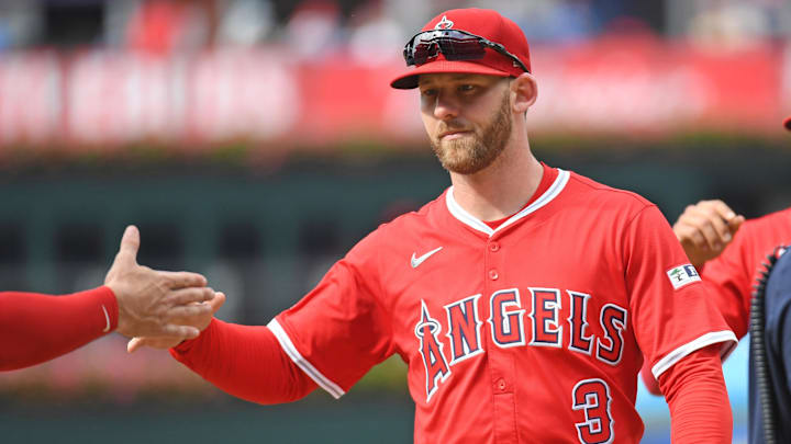 Jul 20, 2025; Philadelphia, Pennsylvania, USA; Los Angeles Angels outfielder Taylor Ward (3) celebrates win with teammates against the Philadelphia Phillies at Citizens Bank Park. Mandatory Credit: Eric Hartline-Imagn Images Jul 20, 2025; Philadelphia, Pennsylvania, USA; Los Angeles Angels outfielder Taylor Ward (3) celebrates win with teammates against the Philadelphia Phillies at Citizens Bank Park. Mandatory Credit: Eric Hartline-Imagn Images
