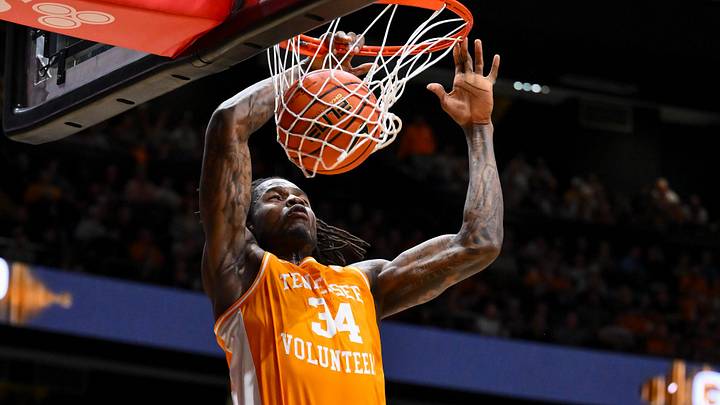 Feb 21, 2026; Nashville, Tennessee, USA;  Tennessee Volunteers center Felix Okpara (34) dunks the ball against the Vanderbilt Commodores during the first half at Memorial Gymnasium. Mandatory Credit: Steve Roberts-Imagn Images