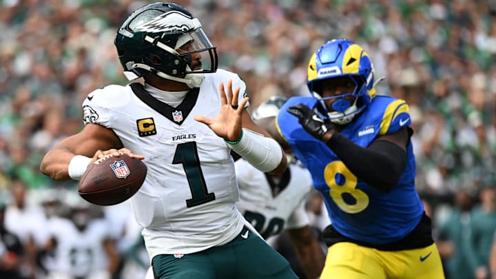 Philadelphia Eagles quarterback Jalen Hurts led the team to a comeback win over the Rams in Week 3. Philadelphia Eagles quarterback Jalen Hurts led the team to a comeback win over the Rams in Week 3.
