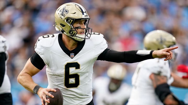 New Orleans Saints quarterback Tyler Shough (6) looks down field during the third quarter against the Tennessee Titans at Nissan Stadium in Nashville, Tenn., Sunday, Dec. 28, 2025.
