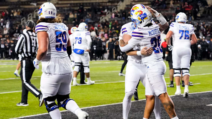 Kansas Jayhawks running back Dylan McDuffie (25) celebrates a touchdown with his team in the end zone