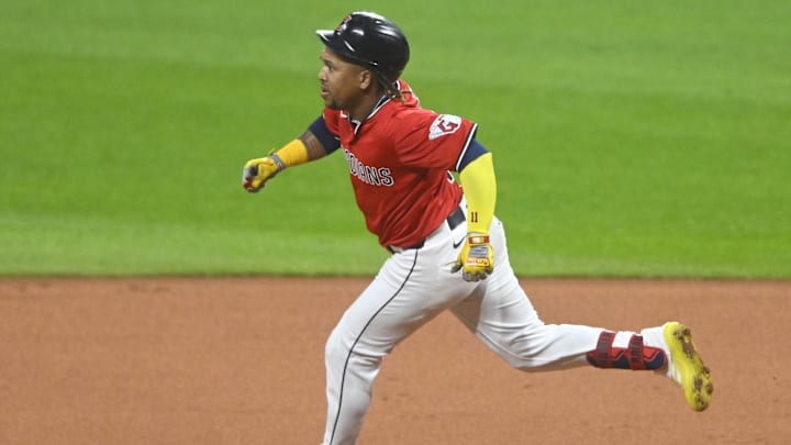 Sep 24, 2025; Cleveland, Ohio, USA; Cleveland Guardians third baseman Jose Ramirez (11) runs the bases in the first inning against the Detroit Tigers at Progressive Field. Mandatory Credit: David Richard-Imagn Images