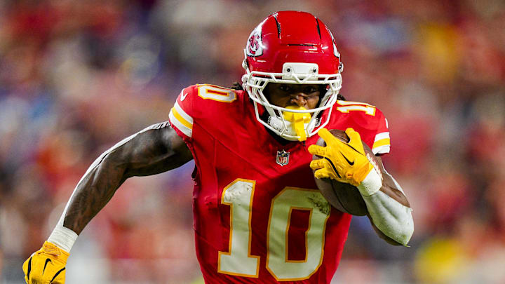 Oct 12, 2025; Kansas City, Missouri, USA; Kansas City Chiefs running back Isiah Pacheco (10) runs the ball during the first half against the Detroit Lions at GEHA Field at Arrowhead Stadium. Mandatory Credit: Jay Biggerstaff-Imagn Images