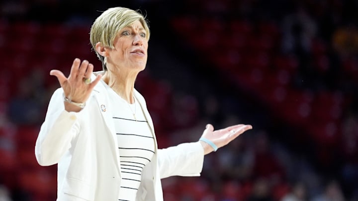 Iowa head women's baskeball coach Jan Jensen reacts during first half of the first round of the NCAA Women's college basketball game between Iowa and Murray State at the Lloyd Noble Center in Norman, Okla., Saturday, March, 22, 2025. Iowa head women's baskeball coach Jan Jensen reacts during first half of the first round of the NCAA Women's college basketball game between Iowa and Murray State at the Lloyd Noble Center in Norman, Okla., Saturday, March, 22, 2025.