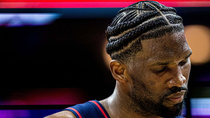 Apr 9, 2024; Philadelphia, Pennsylvania, USA; Philadelphia 76ers center Joel Embiid (21) during a break in action in the third quarter against the Detroit Pistons at Wells Fargo Center. Mandatory Credit: Bill Streicher-Imagn Images