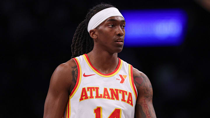 Mar 16, 2025; Brooklyn, New York, USA; Atlanta Hawks guard Terance Mann (14) looks on during the first half against the Brooklyn Nets at Barclays Center. Mandatory Credit: Vincent Carchietta-Imagn Images Mar 16, 2025; Brooklyn, New York, USA; Atlanta Hawks guard Terance Mann (14) looks on during the first half against the Brooklyn Nets at Barclays Center. Mandatory Credit: Vincent Carchietta-Imagn Images