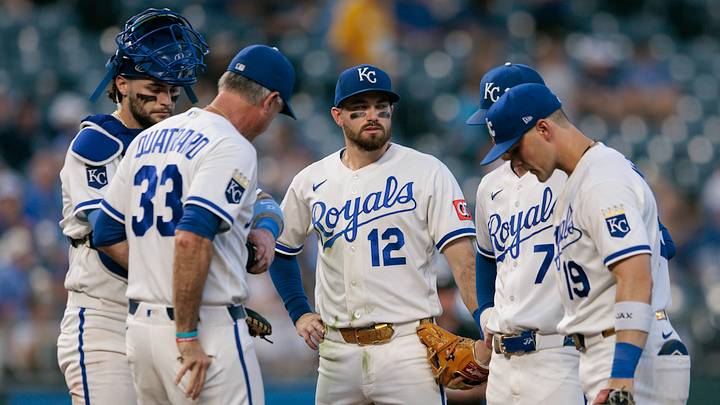 Kansas City Royals on the mound during a game versus the Tampa Bay Rays at Kauffman Stadium.