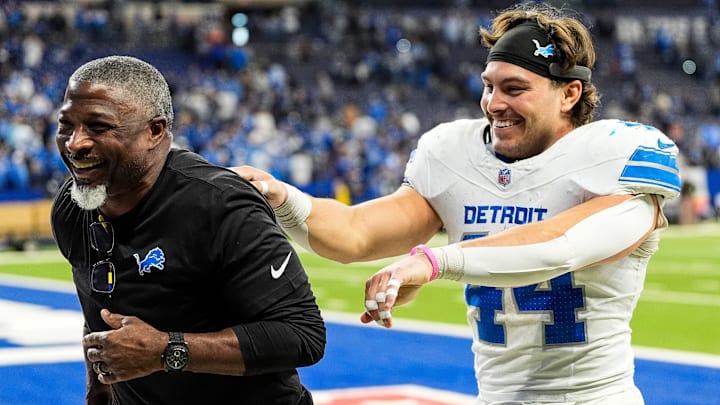 Detroit Lions defensive coordinator Aaron Glenn and linebacker Malcolm Rodriguez (44) celebrate 24-6 win over Indianapolis Colts as they exit the field at Lucas Oil Stadium in Indianapolis, Ind. on Sunday, Nov. 24, 2024. Detroit Lions defensive coordinator Aaron Glenn and linebacker Malcolm Rodriguez (44) celebrate 24-6 win over Indianapolis Colts as they exit the field at Lucas Oil Stadium in Indianapolis, Ind. on Sunday, Nov. 24, 2024.