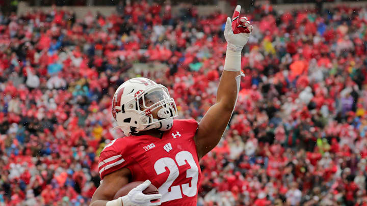 Wisconsin Badgers running back Jonathan Taylor (23) scores his second touchdown of the afternoon during the Wisconsin vs. Kent State football game at Camp Randall Stadium in Madison, WI, Saturday, October 5, 2019 Wisconsin Badgers running back Jonathan Taylor (23) scores his second touchdown of the afternoon during the Wisconsin vs. Kent State football game at Camp Randall Stadium in Madison, WI, Saturday, October 5, 2019