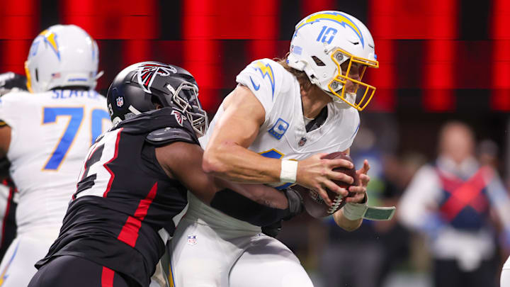 The Atlanta Falcons notched five sacks against Los Angeles Chargers quarterback Justin Herbert in Week 13.