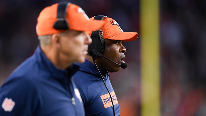 CINCINNATI, OH - DECEMBER 28: Denver Broncos Defensive Coordinator Vance Joseph and Denver Broncos Head Coach Sean Payton look on during the NFL, American Football Herren, USA football game between the Denver Broncos and the Cincinnati Bengals on December 28, 2024, at Paycor Stadium in Cincinnati, Ohio.