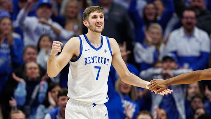Dec 14, 2024; Lexington, Kentucky, USA; Kentucky Wildcats forward Andrew Carr (7) celebrates during the second half against the Louisville Cardinals at Rupp Arena at Central Bank Center. Mandatory Credit: Jordan Prather-Imagn Images