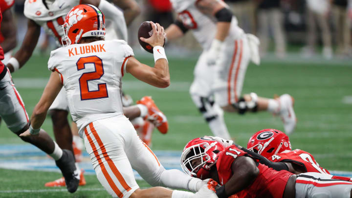 Georgia linebacker Jalon Walker (11) sacks Clemson quarterback Cade Klubnik (2) during the second half of the NCAA Aflac Kickoff Game in Atlanta, on Saturday, Aug. 31, 2024. Georgia linebacker Jalon Walker (11) sacks Clemson quarterback Cade Klubnik (2) during the second half of the NCAA Aflac Kickoff Game in Atlanta, on Saturday, Aug. 31, 2024.