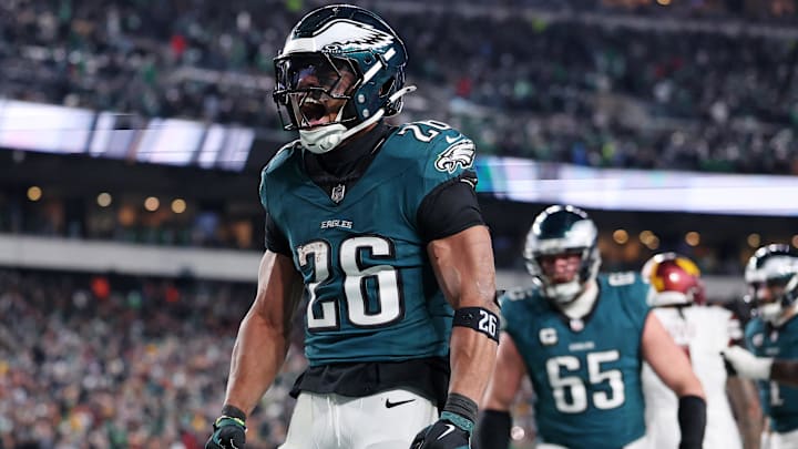 Jan 26, 2025; Philadelphia, PA, USA; Philadelphia Eagles running back Saquon Barkley (26) celebrates after a touchdown against the Washington Commanders during the second half in the NFC Championship game at Lincoln Financial Field. 