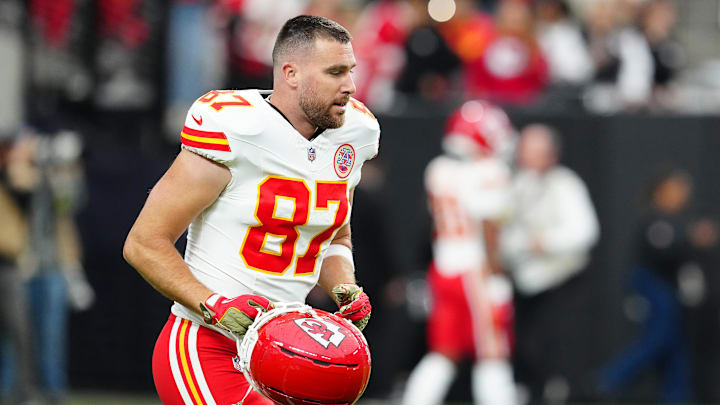 Jan 4, 2026; Paradise, Nevada, USA; Kansas City Chiefs tight end Travis Kelce (87) warms up before a game against the Las Vegas Raiders at Allegiant Stadium. Mandatory Credit: Stephen R. Sylvanie-Imagn Images