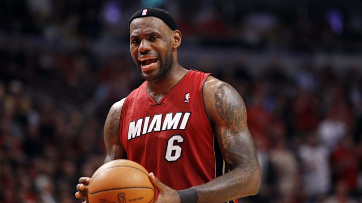 May 26, 2011; Chicago, IL, USA; Miami Heat forward LeBron James (6) prepares to shoot a free throw during the third quarter in game five of the eastern conference finals of the 2011 NBA playoffs against the Chicago Bulls at the United Center. Mandatory Credit: Mike DiNovo-Imagn Images