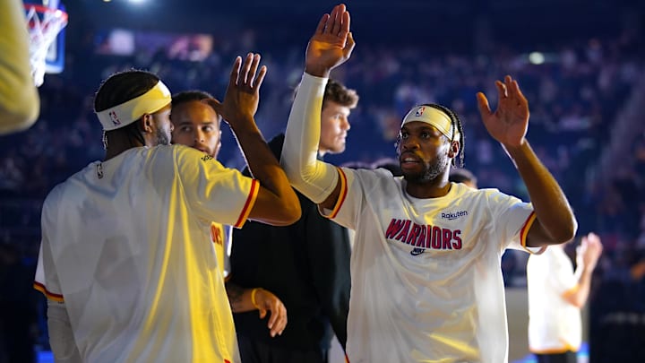 Oct 29, 2024; San Francisco, California, USA; Golden State Warriors guard Buddy Hield (7) is introduced before the start of the game against the New Orleans Pelicans at the Chase Center. Mandatory Credit: Cary Edmondson-Imagn Images