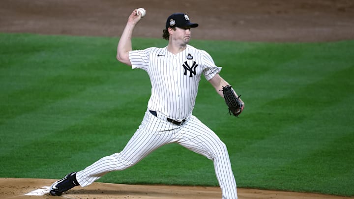 New York Yankees pitcher Gerrit Cole (45) throws during the first inning against the Los Angeles Dodgers in game five of the 2024 MLB World Series at Yankee Stadium. 
