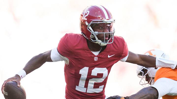 Alabama quarterback Keelon Russell (12) scrambles with the ball during a game between Tennessee and Alabama in Neyland Stadium in Knoxville, Tenn., Oct. 17, 2026. Alabama quarterback Keelon Russell (12) scrambles with the ball during a game between Tennessee and Alabama in Neyland Stadium in Knoxville, Tenn., Oct. 17, 2026.