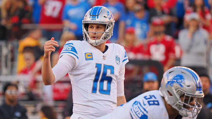 Jan 28, 2024; Santa Clara, California, USA; Detroit Lions quarterback Jared Goff (16) gestures to Jan 28, 2024; Santa Clara, California, USA; Detroit Lions quarterback Jared Goff (16) gestures to