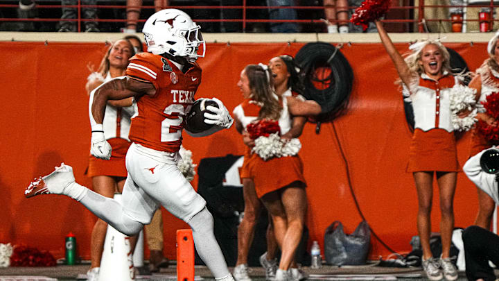 Texas Longhorns running back Jaydon Blue (23) runs the ball in for a touchdown during the game against Clemson in the first round of the College Football Playoffs at Darrell K Royal-Texas Memorial Stadium on Saturday, Dec. 21, 2024.