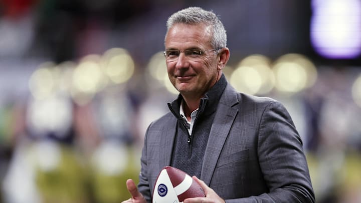Jan 20, 2025; Atlanta, GA, USA; Urban Meyer looks on during the second half the CFP National Championship college football game at Mercedes-Benz Stadium. Mandatory Credit: Brett Davis-Imagn Images