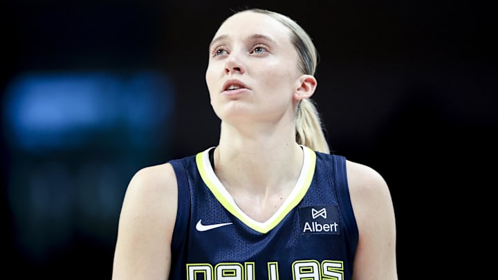 May 16, 2025; Arlington, Texas, USA;  Dallas Wings guard Paige Bueckers (5) reacts during the second half against the Minnesota Lynx at College Park Center. Mandatory Credit: Kevin Jairaj-Imagn Images