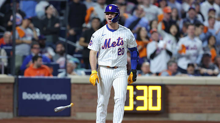 Oct 8, 2024; New York City, New York, USA; New York Mets first baseman Pete Alonso (20) reacts after walking in the sixth inning against the Philadelphia Phillies during game three of the NLDS for the 2024 MLB Playoffs at Citi Field. Mandatory Credit: Brad Penner-Imagn Images