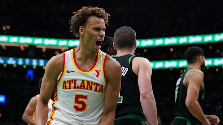 Hawks guard Dyson Daniels (5) reacts after defeating the Boston Celtics at TD Garden. 