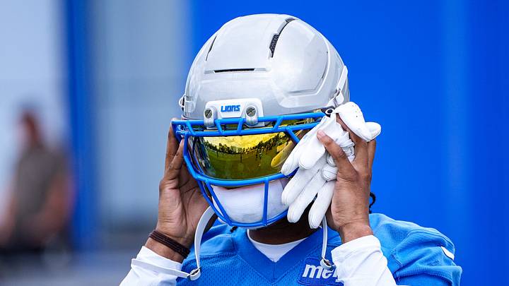 Detroit Lions running back Jahmyr Gibbs (0) during mini camp at Meijer Performance Center in Allen Park on Tuesday, June 16, 2026. Detroit Lions running back Jahmyr Gibbs (0) during mini camp at Meijer Performance Center in Allen Park on Tuesday, June 16, 2026.