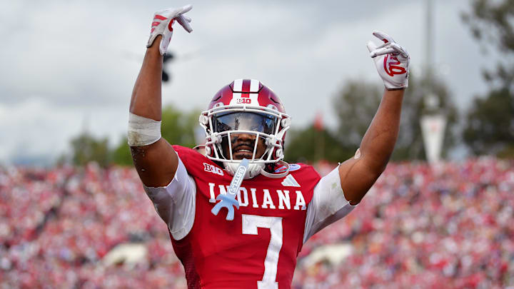Indiana Hoosiers defensive back Louis Moore celebrates after breaking up a pass against the Alabama Crimson Tide.