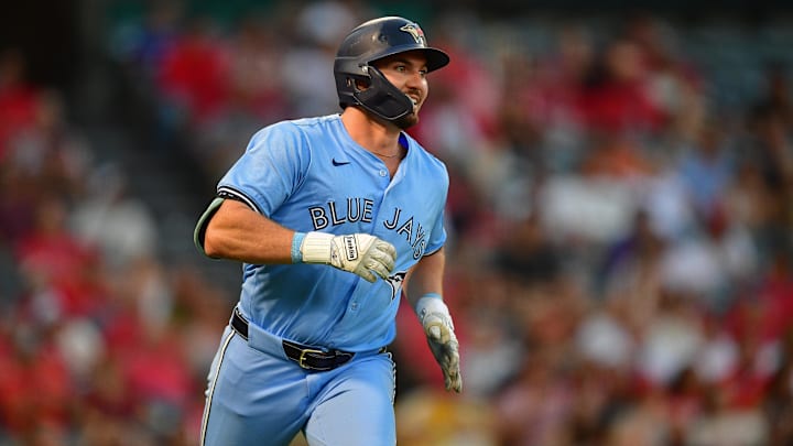 Toronto Blue Jays designated hitter Spencer Horwitz (48) runs the bases after hitting a solo home run against the Los Angeles Angels during the third inning at Angel Stadium. 