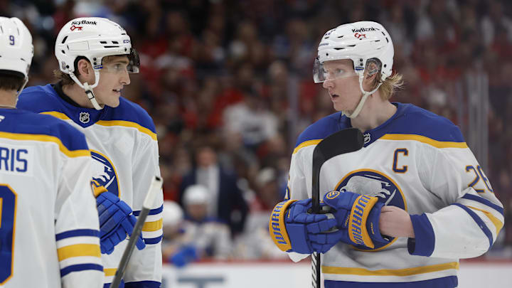 Apr 4, 2026; Washington, District of Columbia, USA; Buffalo Sabres center Tage Thompson (72) talks with Sabres defenseman Rasmus Dahlin (26) prior top a face-off against the Washington Capitals during the second period at Capital One Arena. Mandatory Credit: Geoff Burke-Imagn Images