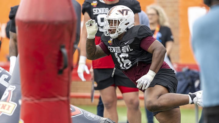Jan 30, 2025; Mobile, AL, USA; National team defensive lineman Aeneas Peebles of Virginia Tech (16) works through drills during Senior Bowl practice for the National team at Hancock Whitney Stadium.  
