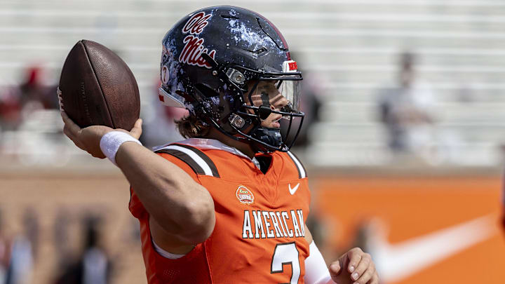 Feb 1, 2025; Mobile, AL, USA; American team quarterback Jaxson Dart of Ole Miss (2) warms up before the 2025 Senior Bowl football game against the National Team  at Hancock Whitney Stadium. Mandatory Credit: Vasha Hunt-Imagn Images