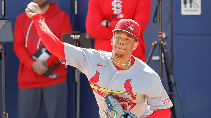 Feb 16, 2026; Jupiter, FL, USA;  St. Louis Cardinals pitcher Jurrangelo Cijntje (87) throws a pitch during spring training workouts at Roger Dean Stadium. Mandatory Credit: Reinhold Matay-Imagn Images