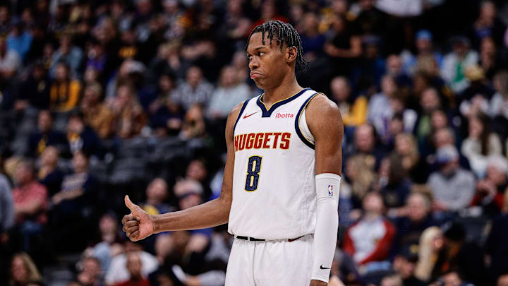 Feb 4, 2024; Denver, Colorado, USA; Denver Nuggets forward Peyton Watson (8) gestures in the first quarter against the Portland Trail Blazers at Ball Arena.