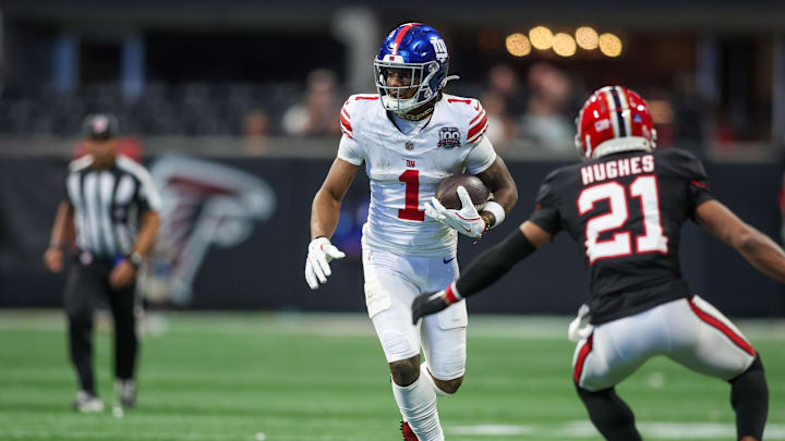 New York Giants wide receiver Malik Nabers's status for Sunday is in jeopardy.